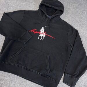 Polo Ralph Lauren Hoodie Men XL Black Big Pony Fleece Graphic Print‎ Logo